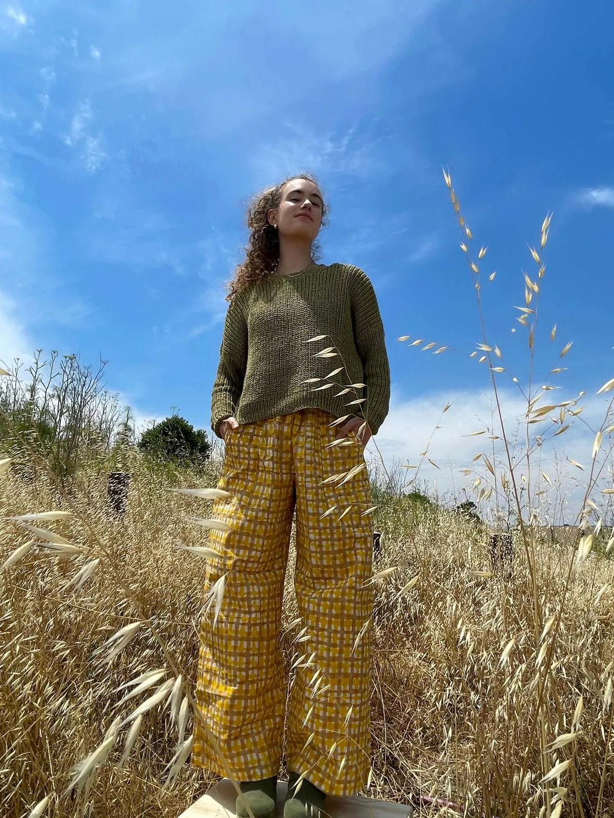 Green Chunky Sweater with Hand Knit and Natural Dyes