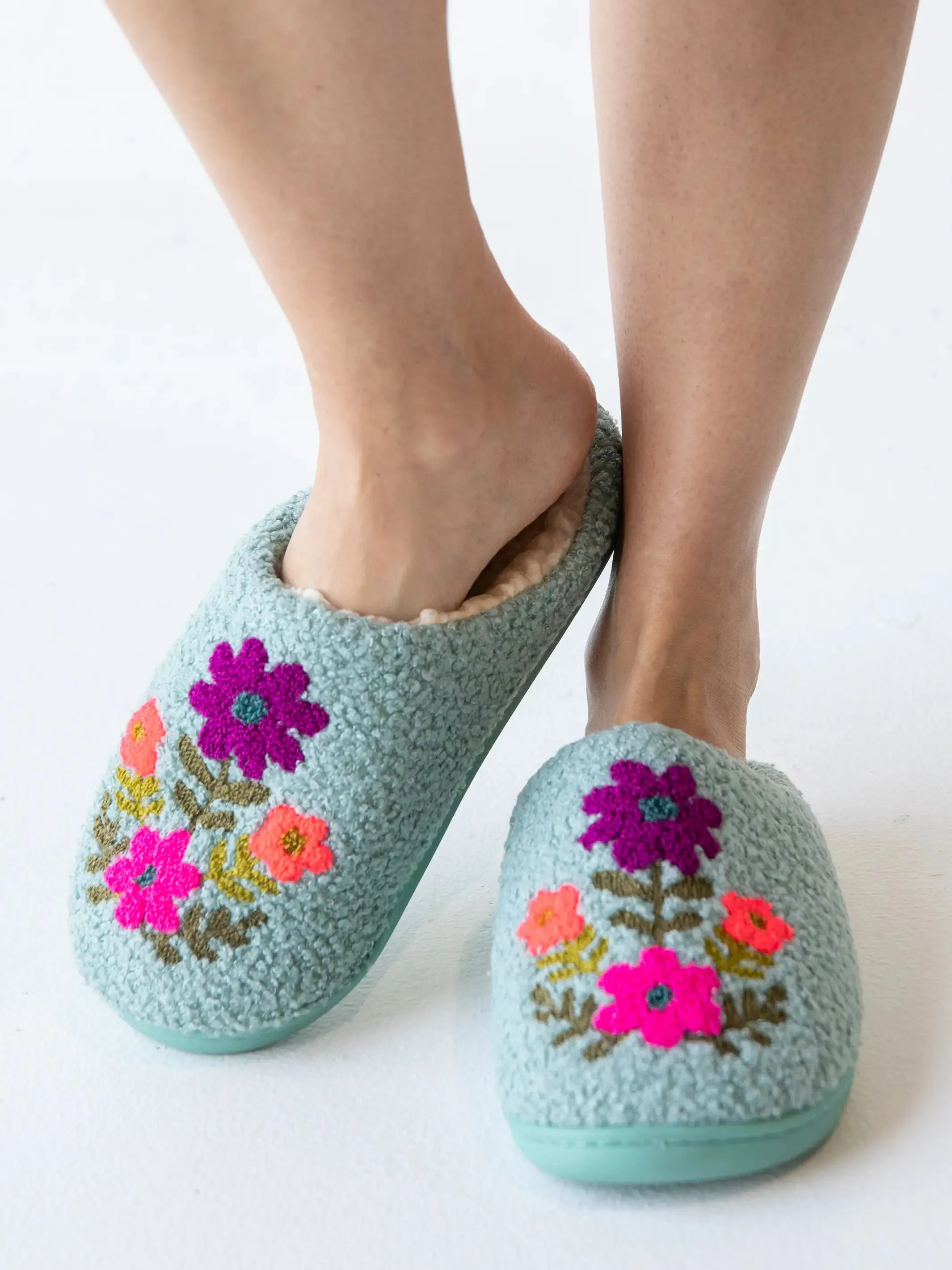 Icon Dusty Blue Folk Flower Sherpa Slippers