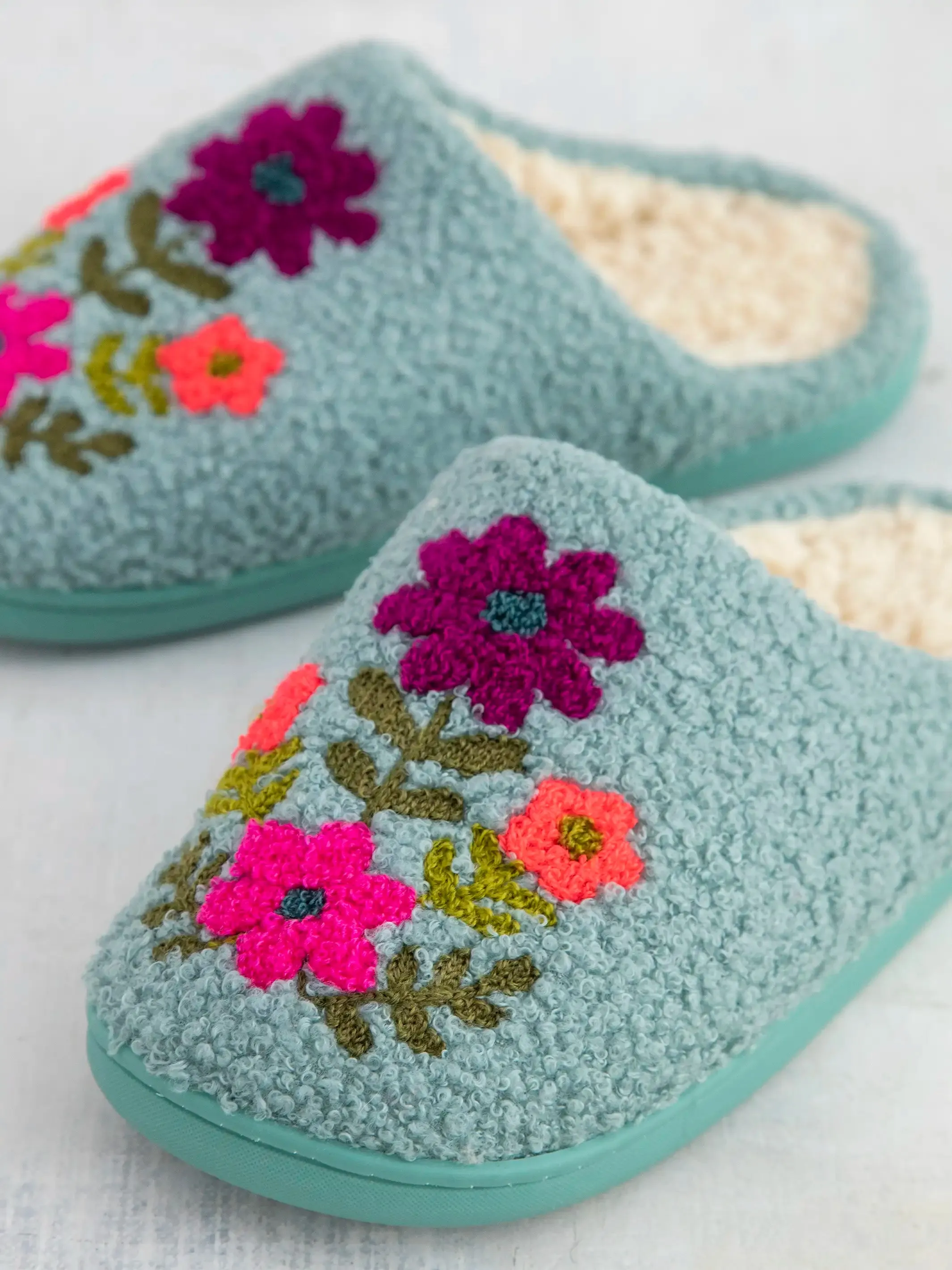 Icon Dusty Blue Folk Flower Sherpa Slippers