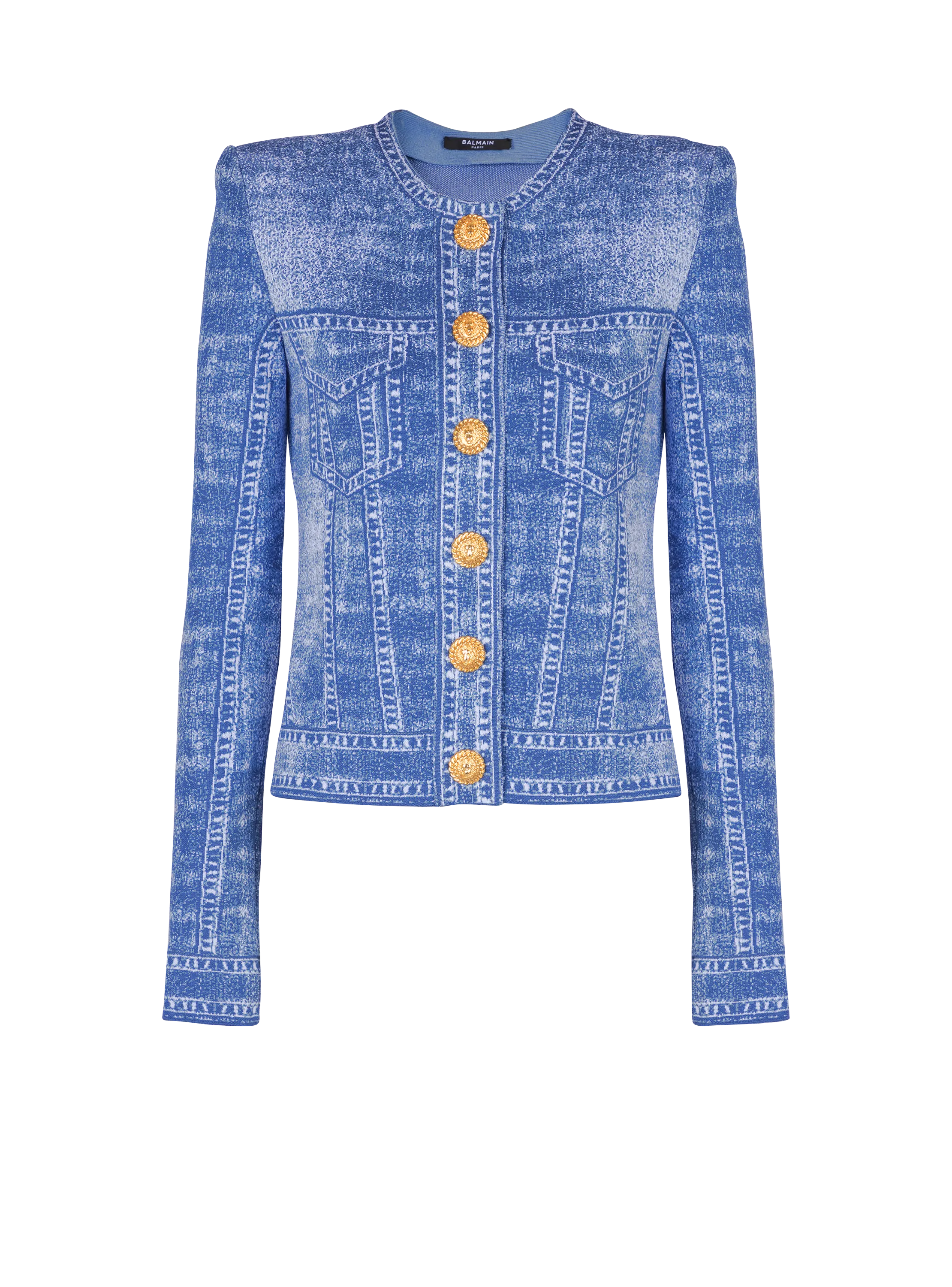 Denim Effect Jacquard Knit Cardigan