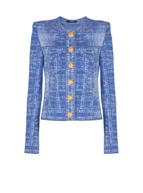 Denim Effect Jacquard Knit Cardigan