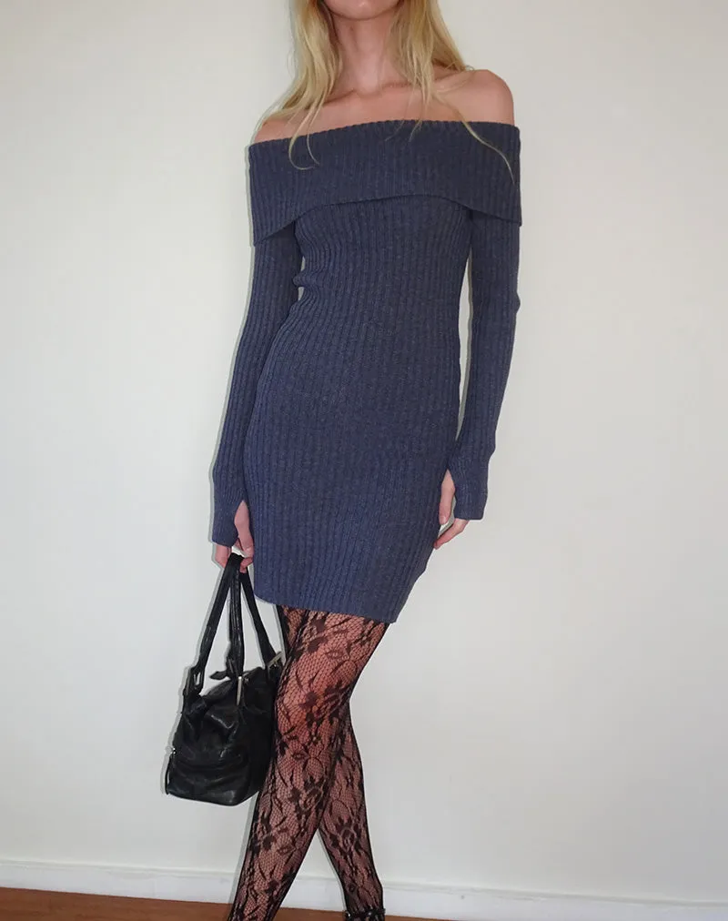 Knitted Bardot Mini Dress, Dark Charcoal