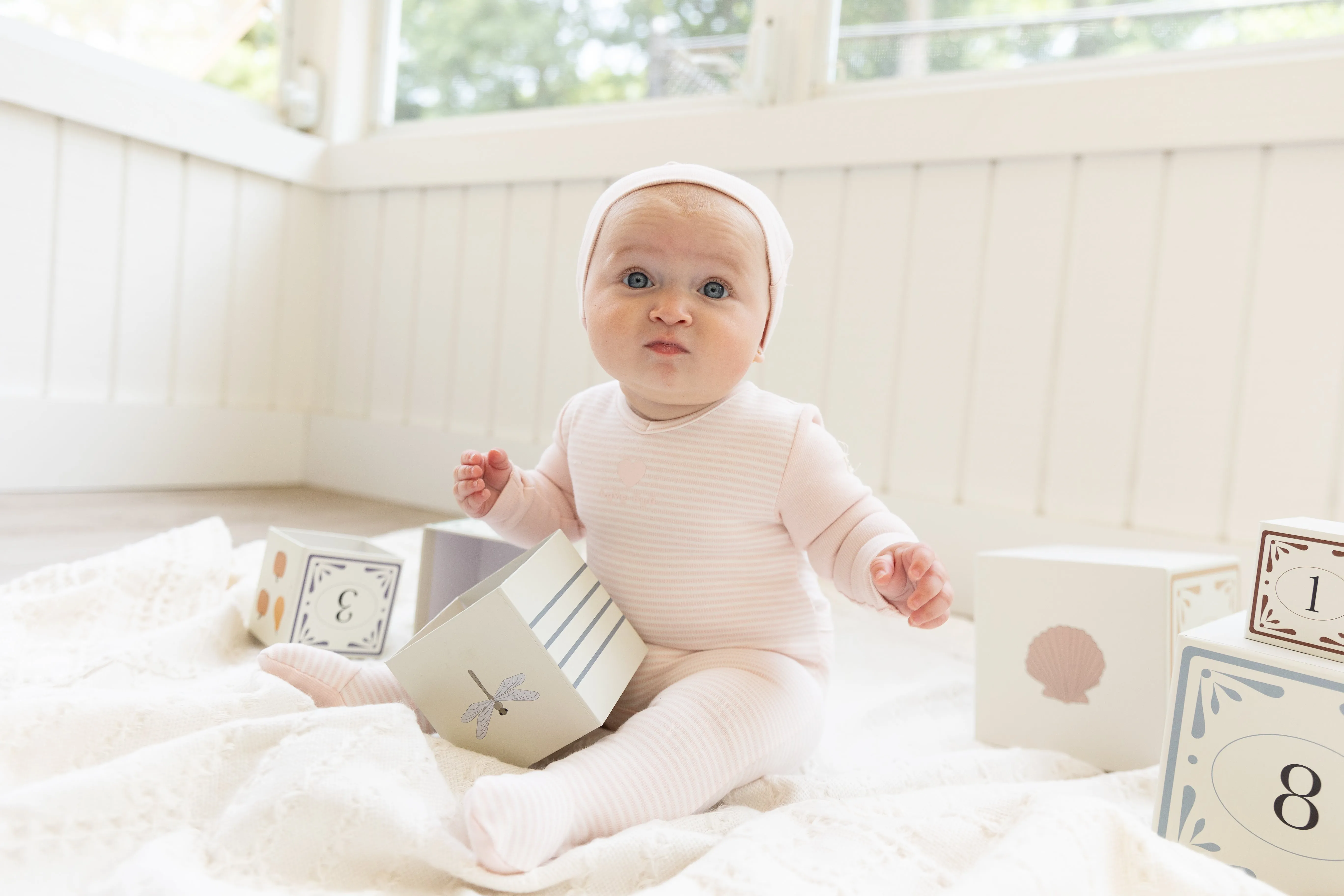 Light Pink 2 Tone Striped Stretchie and Beanie by Lux