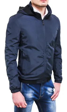 Men's Casual Dark Blue Diamond Jacket with Hooded Motorcycle Parka