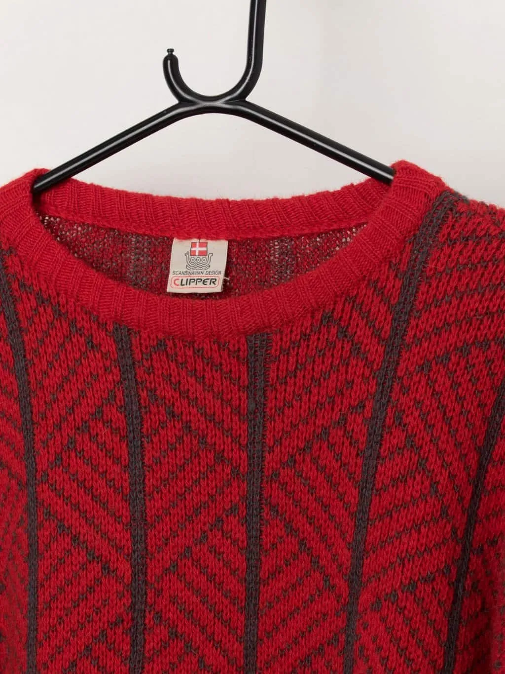 Men's Vintage Clipper Scandinavian Wool Sweater in Bright Red, Made in Denmark - XL