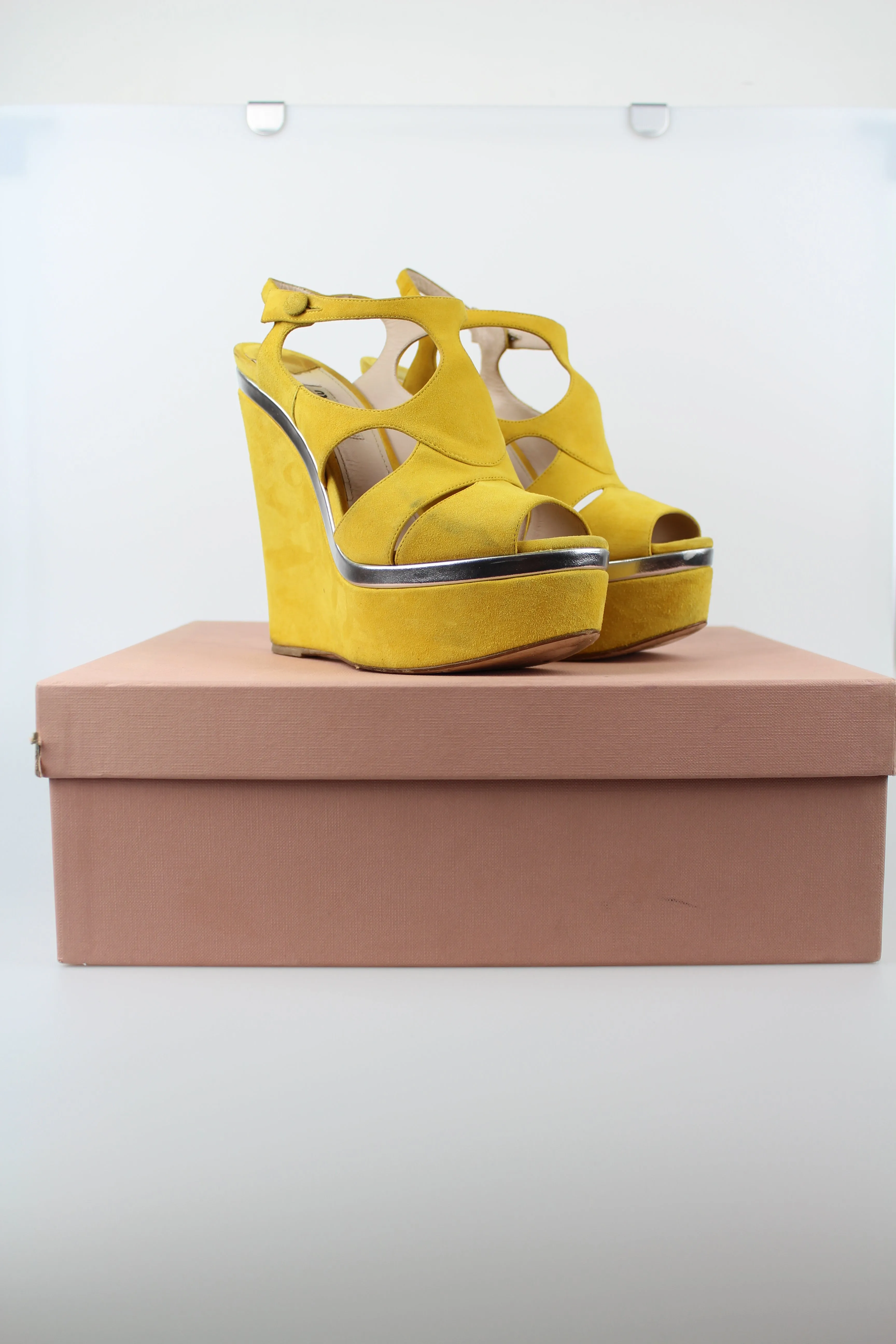 Miu Miu Yellow Suede Zeppe, Size 38