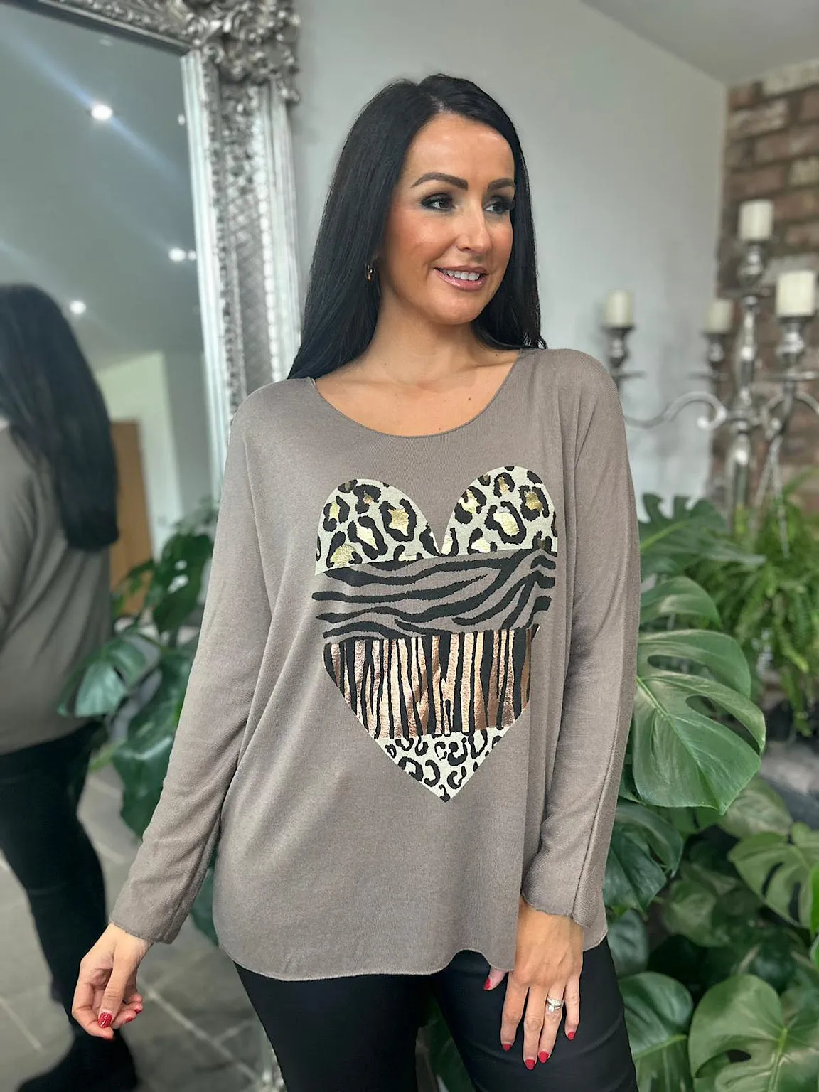 Mocha Animal Heart Knit Top;