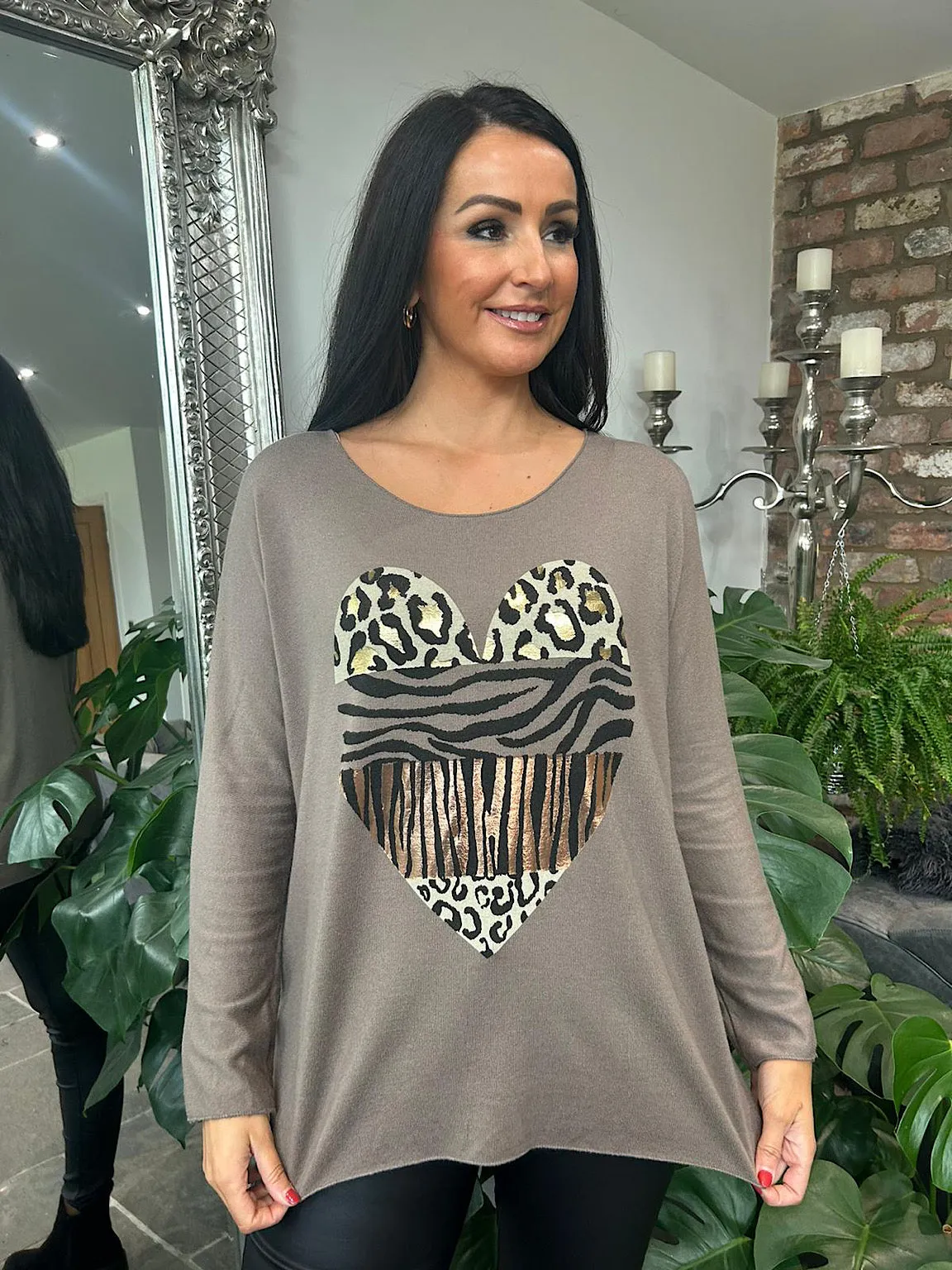 Mocha Animal Heart Knit Top;