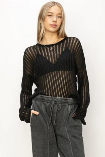 HYFVE Ribbed Openwork Long Sleeve Knit Top