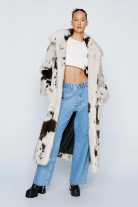 Petite Cow Print Longline Faux Fur Coat