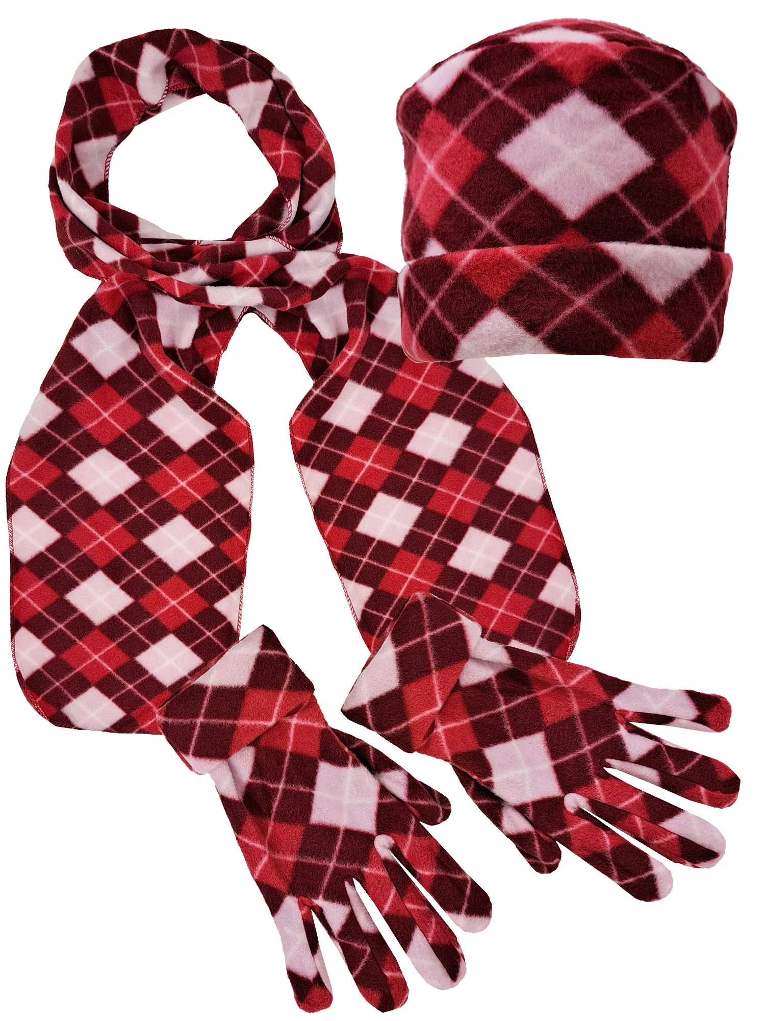 Pink Red White Diamond Pattern Polar Fleece Scarf Gloves Hat Set