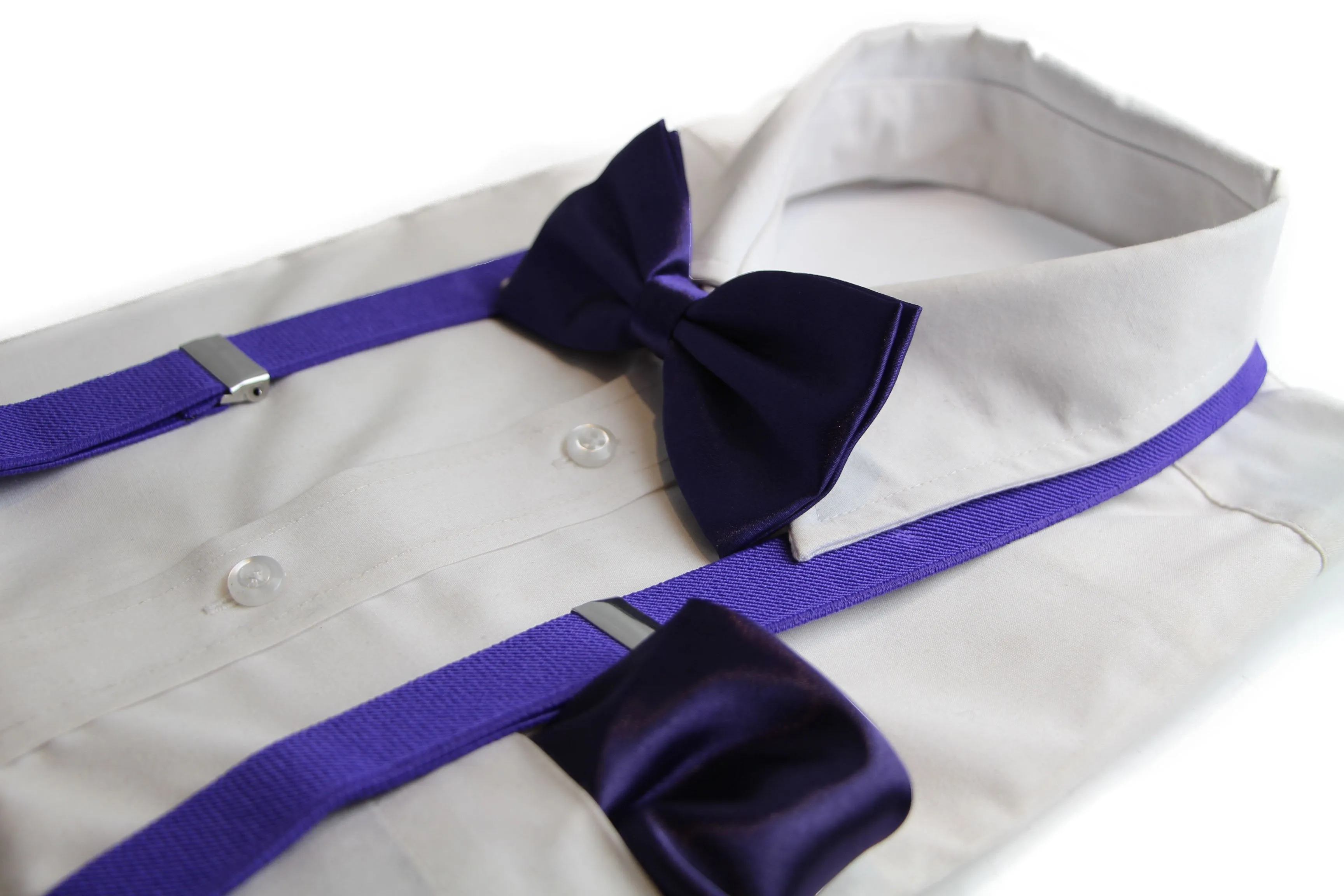 Mens Dark Purple 100cm Suspenders Matching Bow Tie Pocket Square Set