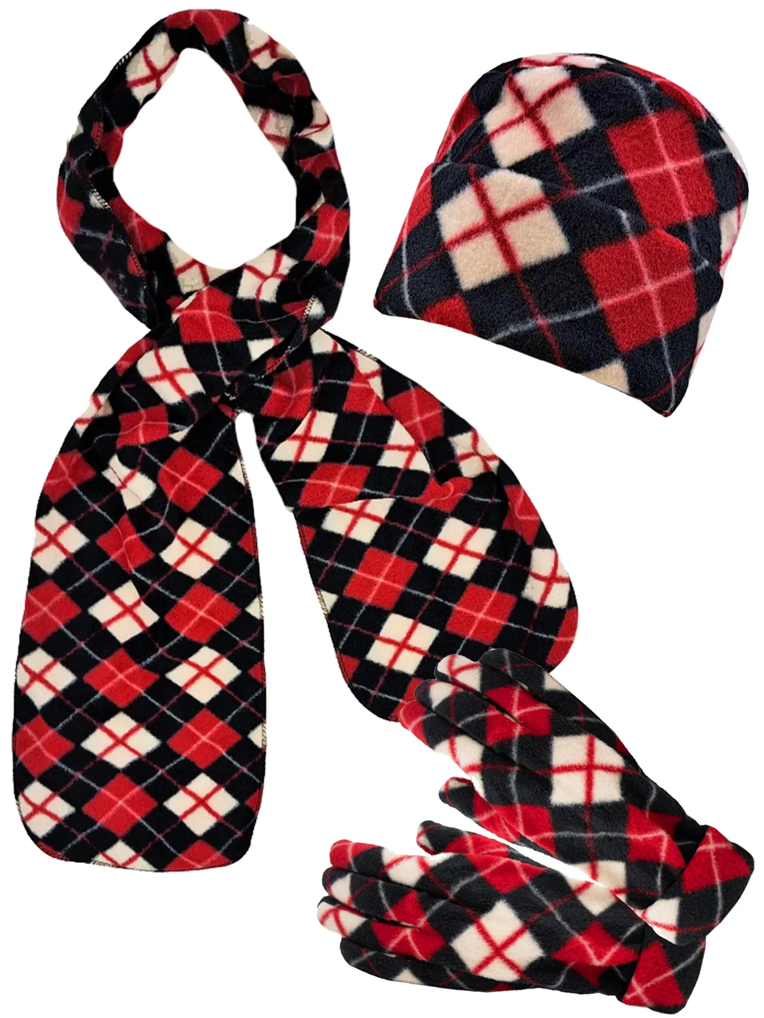 Red Black White Diamond Pattern Polar Fleece Scarf Gloves Hat Set