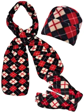 Red Black White Diamond Pattern Polar Fleece Scarf Gloves Hat Set