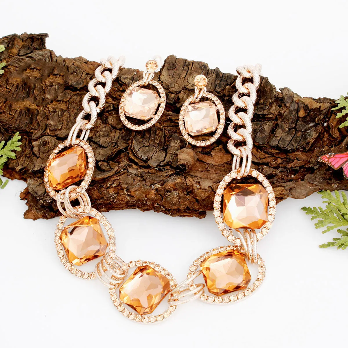 Rose Gold Crystal Link Necklace Set