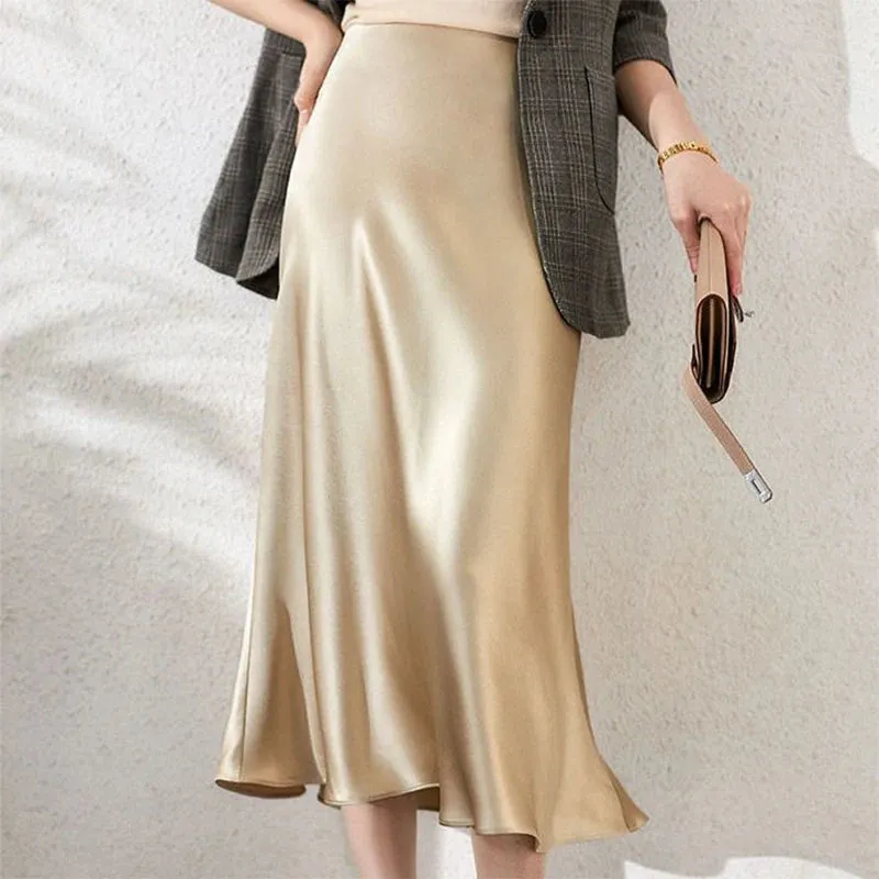 Elegant Fashion Satin Skirt Office Lady Temperament Simple All-match