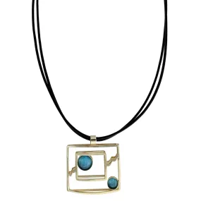 Teal Blue Leather Necklace with Open Squares by Christophe Poly