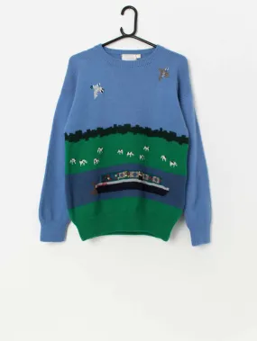 Vintage Wool Sweater with Canal Boat, Ducks and Cows - Medium / Large