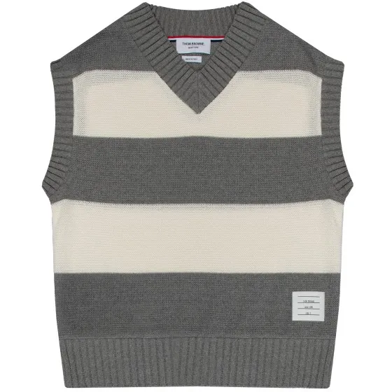 V-Neck Bar Stripped Knitted Vest - White/Grey