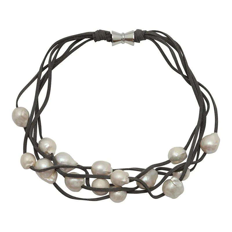 White Pearl 5-Strand Suede Necklace