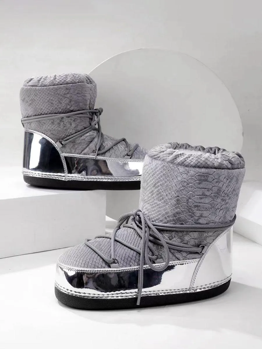 Grey Lace-Up Ankle Snow Boots with Round Toe