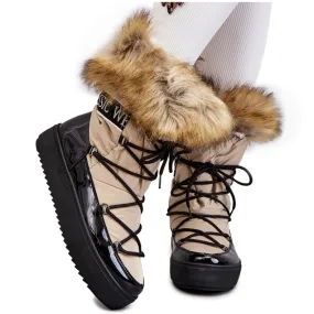 Santero women's snow boots in beige and black with lace-up design