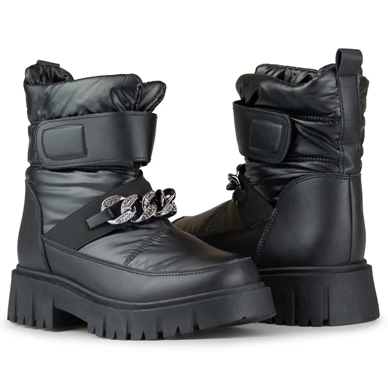 Selena black women's snow boots featuring chain detail