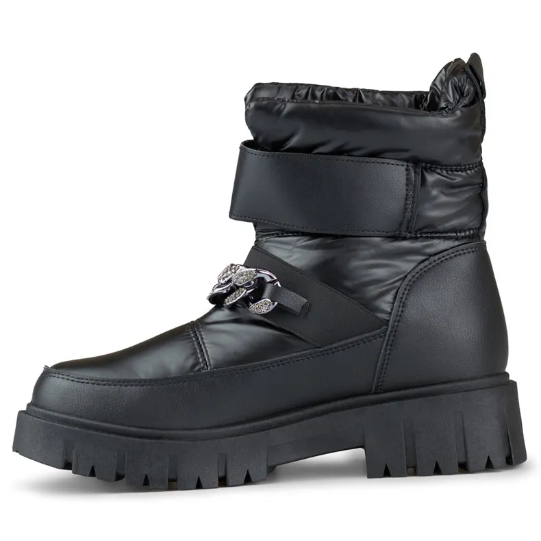 Selena black women's snow boots featuring chain detail